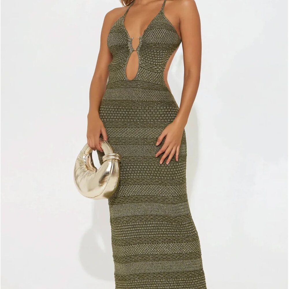 NEVER WORN- Ibiza Metallic Crochet Maxi Dress - Olive- SIZE M
